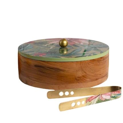 wooden with epoxy print chapati box/casserole/wooden box with tong, color : green